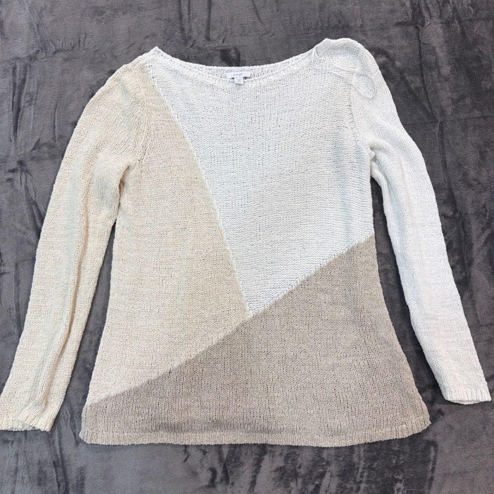 Pure Jill Colorblock Knit Sweater Womens White Tan Gray Long Sleeve S Petite